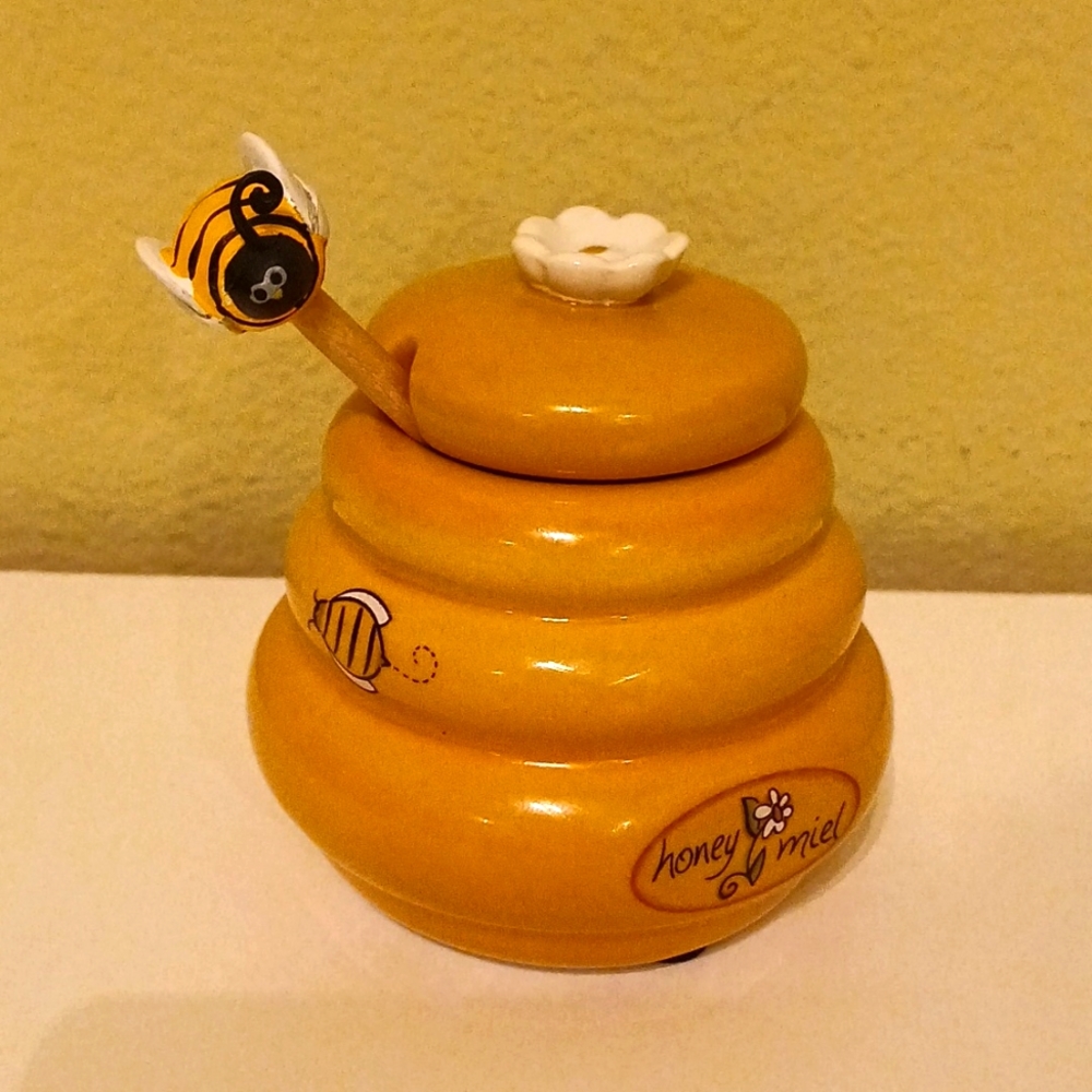 🐝Beehive Shaped Honey Miel Jar w/ Lid & Bumblebee Adorned Honeycomb Shaped Wand